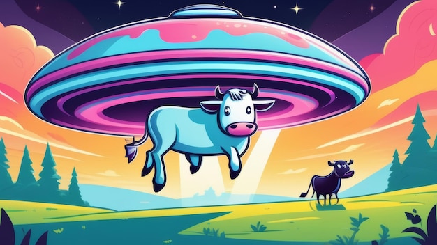 Un OVNI secuestra una vaca por una ilustración de dibujos animados en el campo.