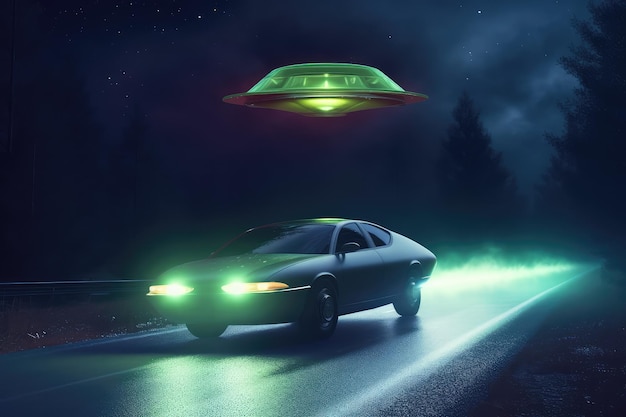 OVNI volando con extraterrestre y secuestrar un coche en la noche