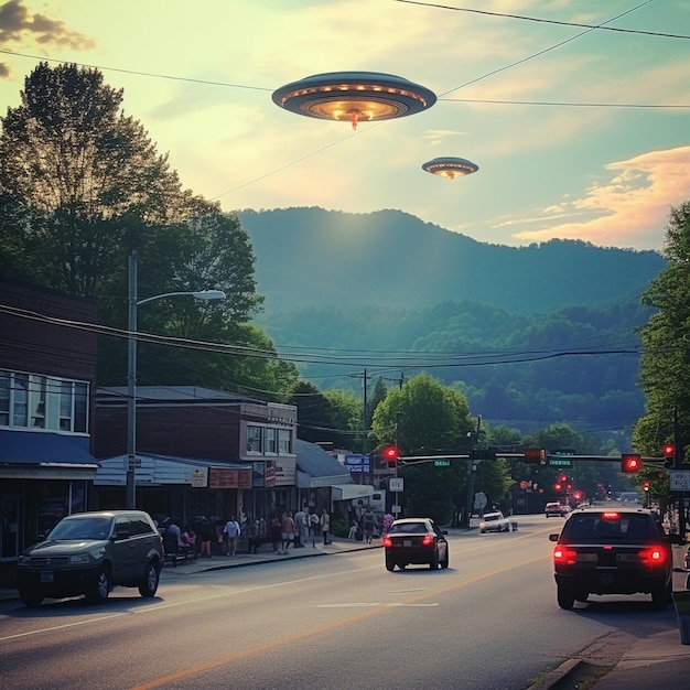 OVNI volando sobre la calle principal de la ciudad de Estados Unidos con coches