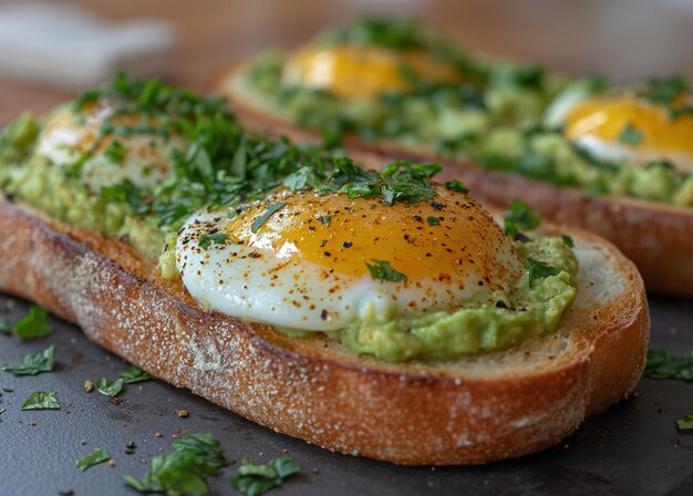 Ovo cozido em baguete francês com guacamole no topo