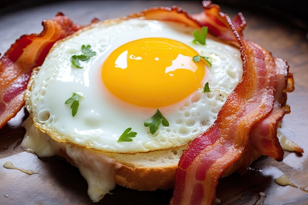 Ovo da refeição matinal cozido em óleo com bacon e queijo