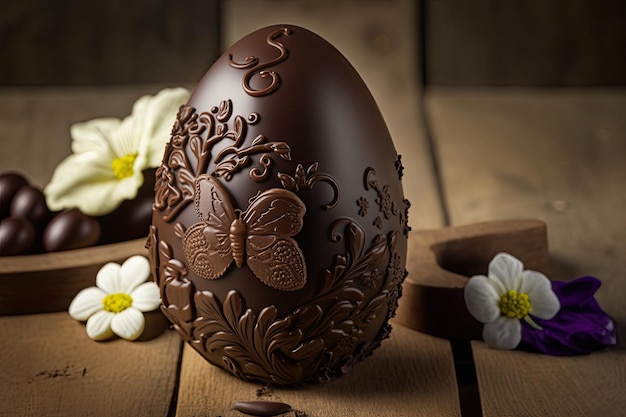 Ovo de chocolate de Páscoa com recheio e uma atenção seletiva de pano de fundo de madeira