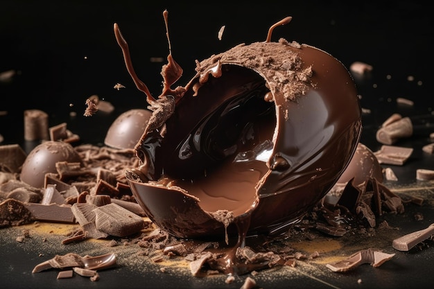 Ovo de chocolate quebrado com recheio visível em uma mesa de madeira