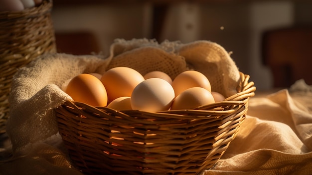 ovo de galinha numa cesta numa mesa de madeira
