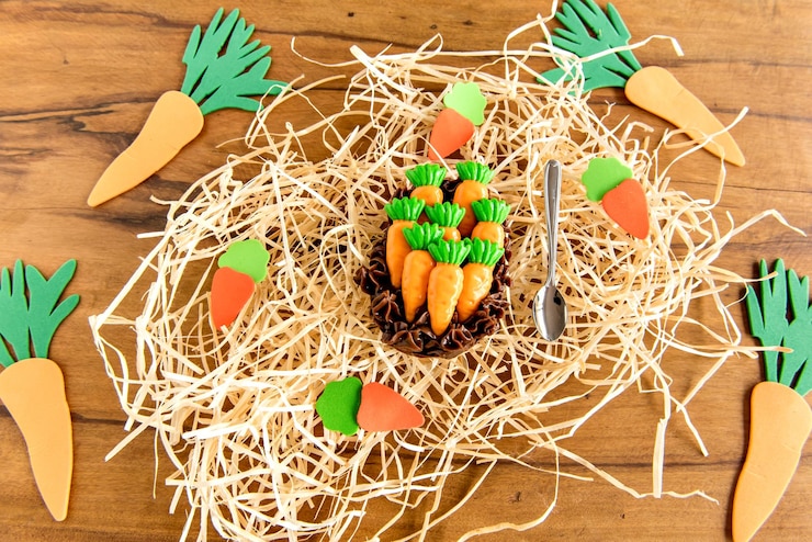 Foto ovo de páscoa cheio de chocolate no fundo da páscoa com conceito de páscoa de cenouras