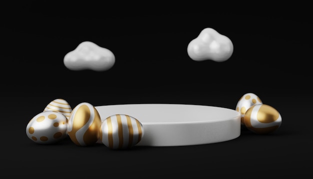 Ovo de Páscoa dourado no pódio com nuvem 3d render ilustração feliz dia de páscoa conceito cena mínima com pedestal e ovo