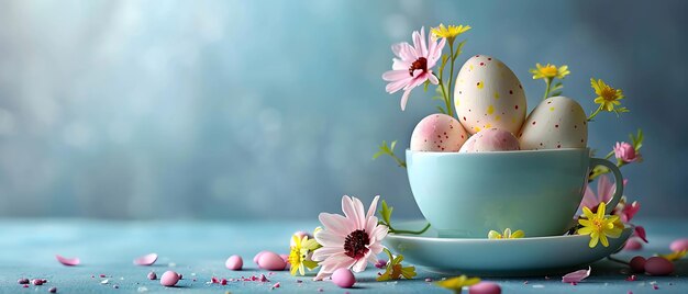 ovo de Páscoa e flores de primavera em xícara de chá conceito criativo de férias em imagem de estoque