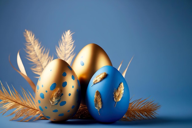 Ovo de Páscoa festivo com decorações de ouro sobre fundo azul
