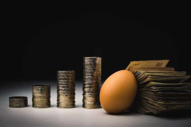 Foto ovo e muitos dinheiro com gráfico de inflação pilhas de moedas