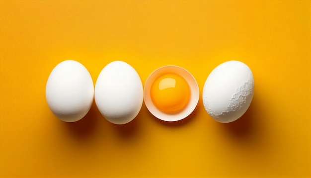 Ovos brancos e ovo quebrado com gema em fundo amarelo a vista superior de fundo amarelo Generative