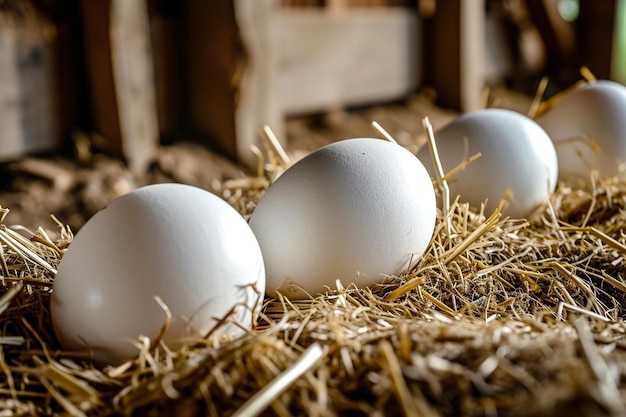 Ovos brancos no ninho de feno no mercado