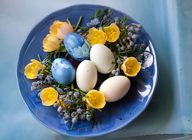 ovos buquê de flores prato azul tradição de férias primavera