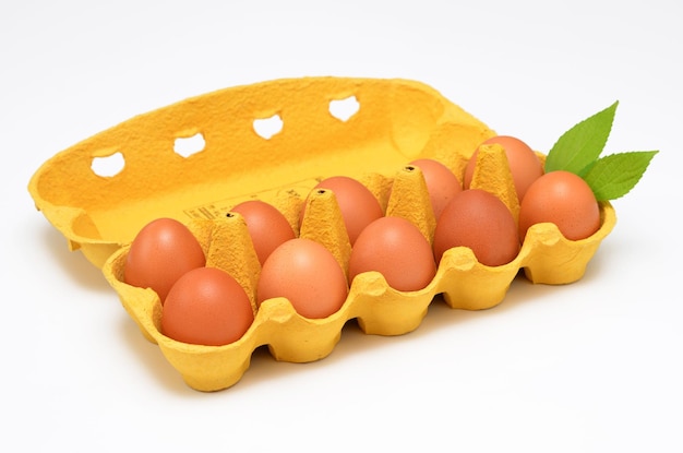 ovos castanhos orgânicos em embalagens de papel amarelo