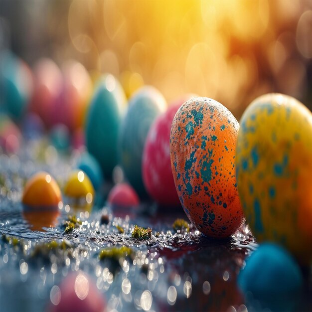 Ovos coloridamente decorados sentados na mesa Ovos de Páscoa coloridos em fundo