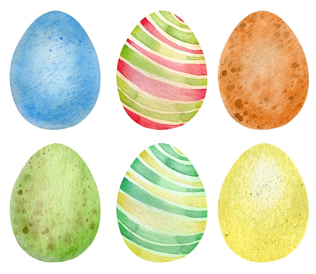 Foto ovos coloridos de páscoa em aquarela. ovos verdes, amarelos, vermelhos e azuis isolados no fundo branco. comida de páscoa.