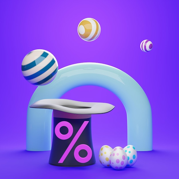 Ovos coloridos e chapéu para feliz Páscoa em percentagens de fundo abstrato roxo pastel 3d render ilustração