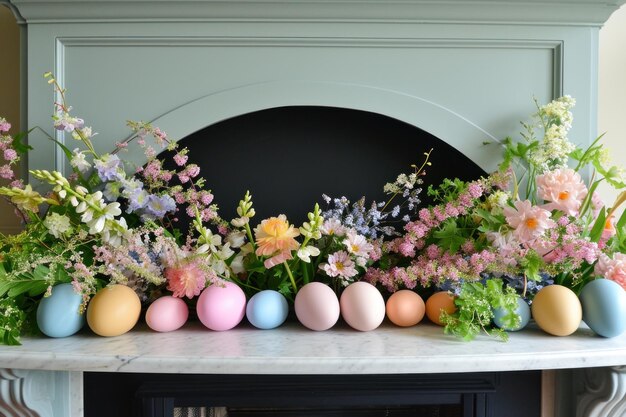 Ovos coloridos e flores de primavera Estrutura da lareira