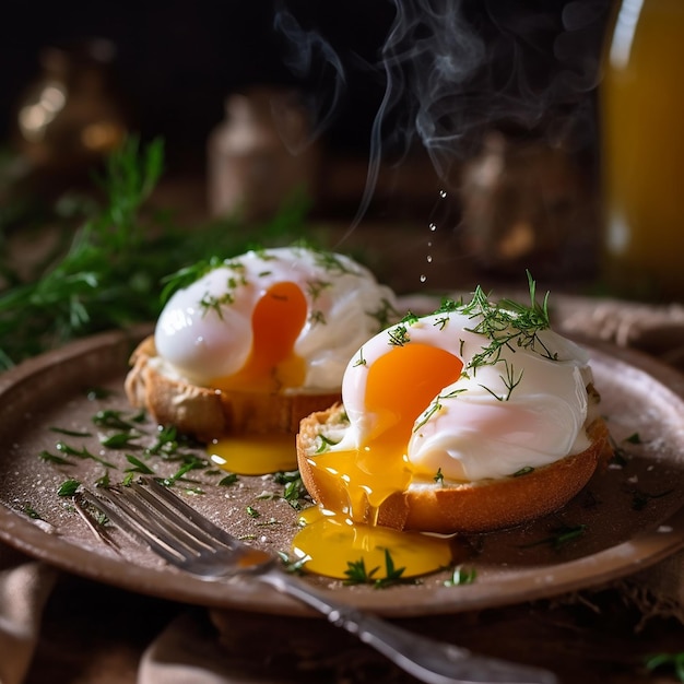 ovos com ovos e um garfo em um prato com faca e garfo.