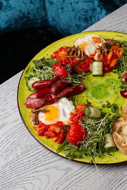 Ovos com salsichas vegetais tomates feijão vermelho e torradas de fermento isolado em fundo cinza de madeira Comida caseira Café da manhã saboroso Foco seletivo