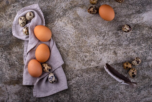 Ovos crus de frango e codorna em fundo de pedra