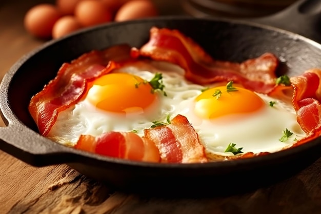 Ovos de bacon tradicionais e batatas fritas caseiras, café da manhã na panela