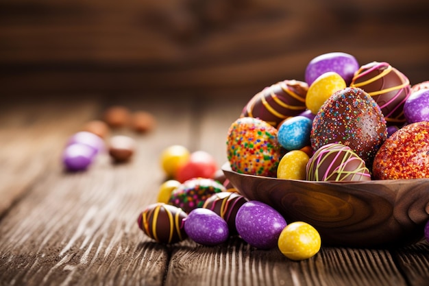 Ovos de chocolate de Páscoa em mesa de madeira