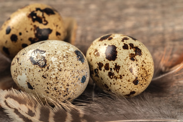 Ovos de codorna em uma mesa de madeira
