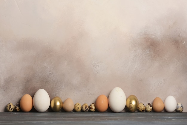 Ovos de codorna, galinha, ganso e pintadas de diferentes tamanhos e cores estão em uma fila contra o fundo cinza da parede antiga