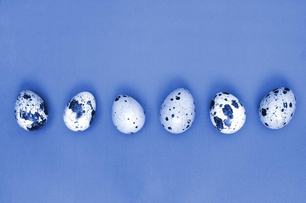 Ovos de codorna na superfície de tom de cor azul clássico fantasma vista superior lugar vazio para texto