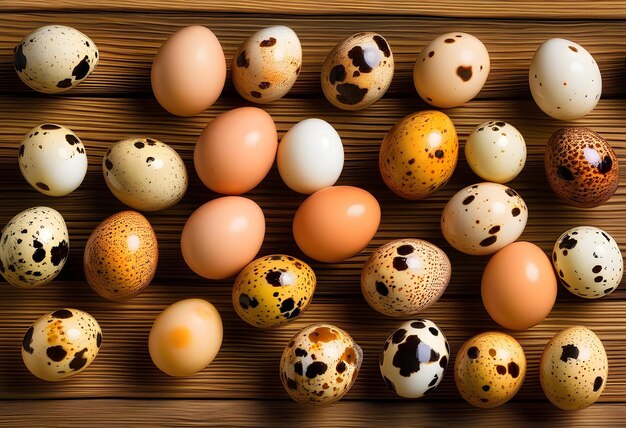 ovos de codorniz agrupados e alinhados em uma mesa de madeira rústica