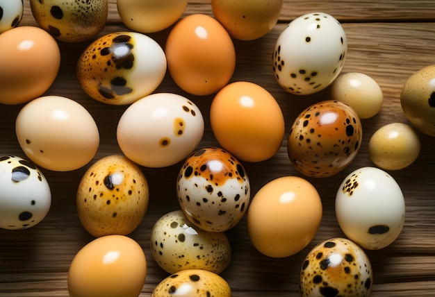 ovos de codorniz agrupados e alinhados em uma mesa de madeira rústica