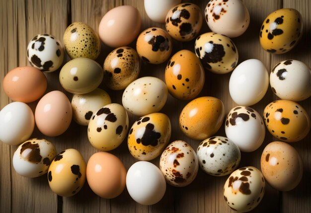 ovos de codorniz agrupados e alinhados em uma mesa de madeira rústica