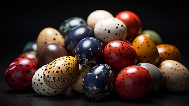 Ovos de codorniz de Páscoa numa tigela de madeira sobre um fundo escuro