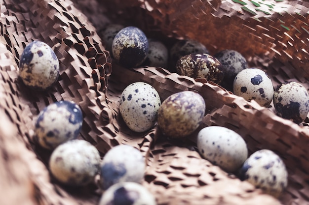 Foto ovos de galinha e codorna em um ninho na mesa marrom, conceito de família