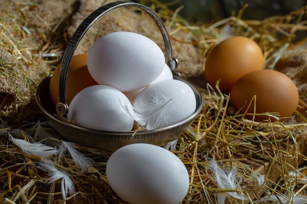 Ovos de galinha em grama seca em um fundo velho