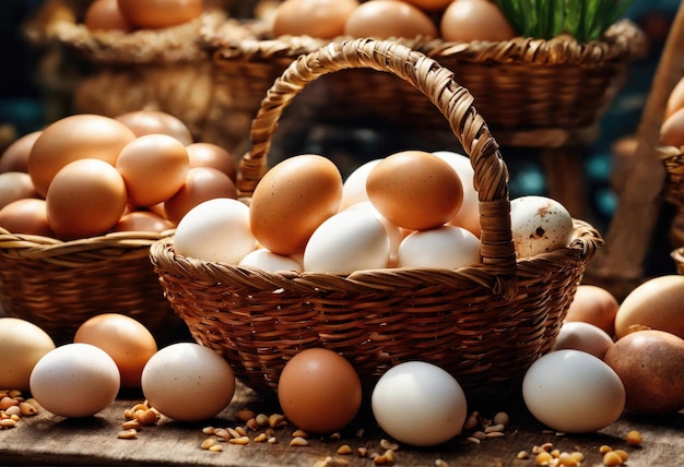 Ovos de galinha frescos numa cesta de vime