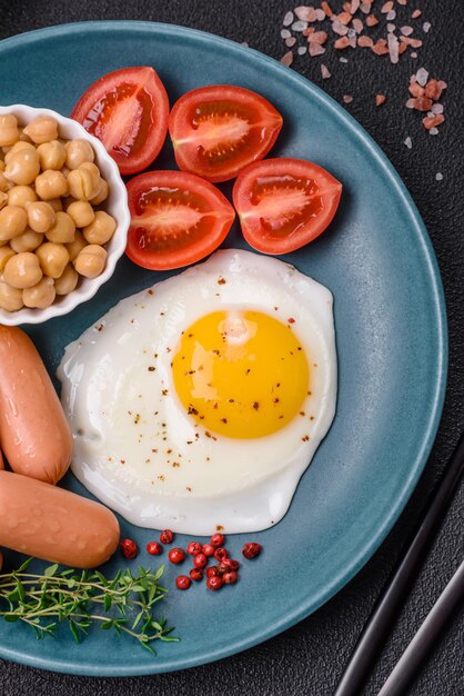 Ovos de galinha fritos salsichas tomates cereja grão-de-bico especiarias sal