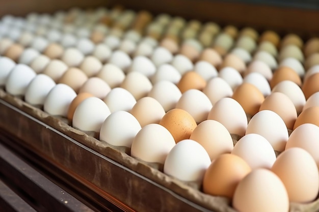 Ovos de galinha se movem ao longo de um transportador em uma fazenda de aves Conceito da indústria alimentar Produção de ovos de galinha