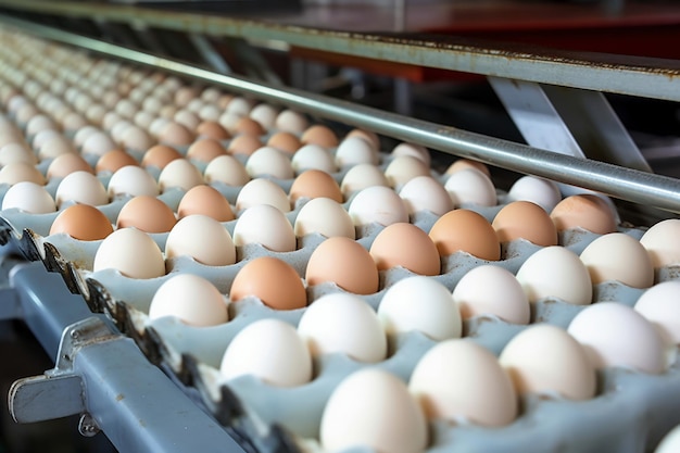 Ovos de galinha se movem ao longo de um transportador em uma fazenda de aves Conceito da indústria alimentar Produção de ovos de galinha