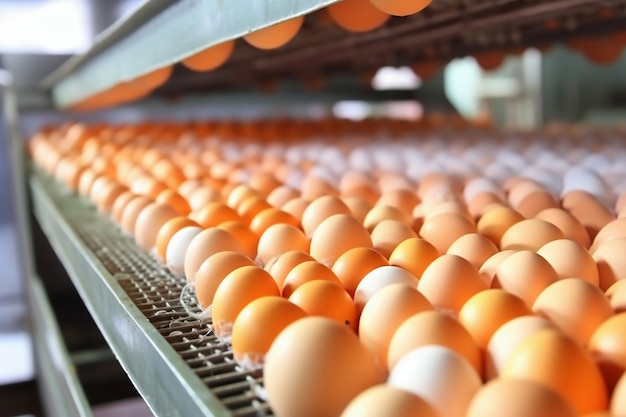 Ovos de galinha se movem ao longo de um transportador em uma fazenda de aves Conceito da indústria alimentar Produção de ovos de galinha