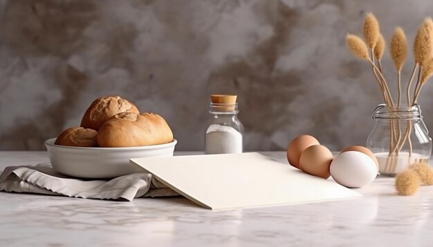 Ovos de pão e uma folha de papel em branco na receita da cozinha da mesa simulam