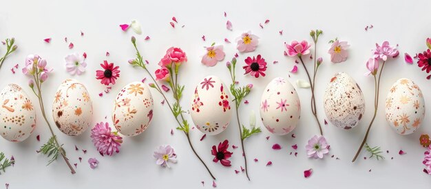 Ovos de Páscoa adornados com flores contra um fundo branco