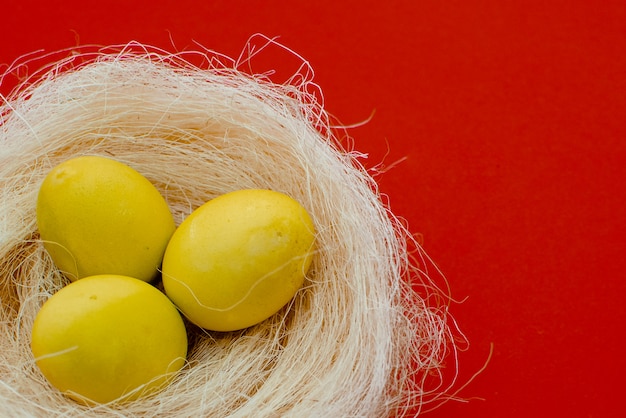 Ovos de Páscoa amarelos em um ninho de fundo vermelho de grama