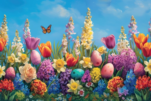 Ovos de Páscoa aninhados na grama com flores e uma borboleta numa paisagem natural