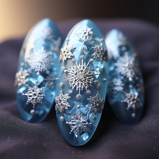 ovos de páscoa azuis com flocos de neve estão em um pano preto