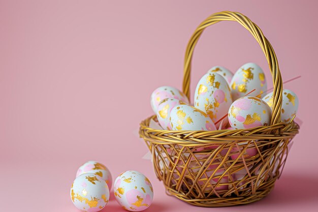 ovos de Páscoa brancos decorados com ouro em cesta de vime em close-up em fundo rosa cartão de Páscua