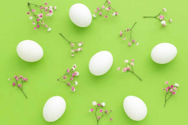 Ovos de Páscoa brancos sobre fundo verde com gypsophila rosa, Fun Páscoa plana leigos.