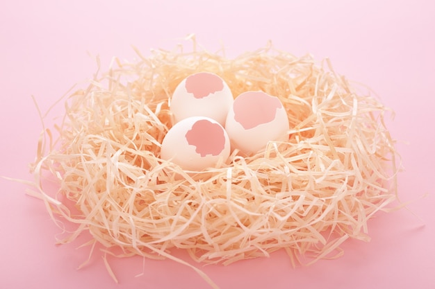 Foto ovos de páscoa chocados no ninho em fundo rosa. novo símbolo de vida.