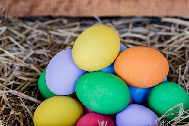 ovos de Páscoa colorfull na grama marrom