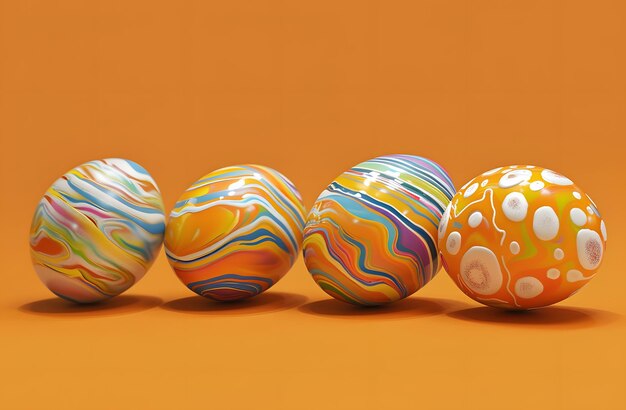 Ovos de Páscoa coloridos adornados com padrões florais sobre um fundo laranja vibrante